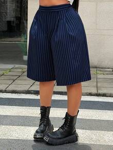 Viva Relle Plus-Size Sexy 90s Casual Formal Striped Shorts Back-To-School Graduation Navy Blue Summer - Navy Blue - View 5