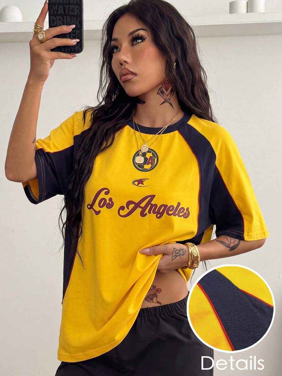 Coolane 女款街頭風寬鬆賽車機車印花拼色插肩袖T恤