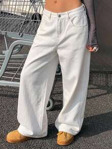 DAZY Solid Color Loose Button Decor Cuffed Hem Straight Leg Jeans - White - View 3