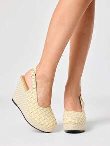 ROMWE Fairycore Women's Platform & Wedge Slip-On Shoes, Pointed Toe Buckle Decor, Suitable For Vacation Season, Spring/Summer - Yellow - View 3