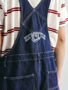 Sonviro Men's Street Wear Multi-Pocket Chest Protector Blue Versatile Denim Overalls - Dark Wash - View 3