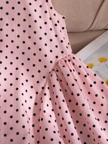 SHEIN Elladie kids 1件少女夏季新款露肩無袖背心上衣 波點印花 後背V領設計 隱形拉鍊 可拆卸大蝴蝶結 裙襬收褶 簡約百搭沙灘度假洋裝 - 粉色 - 查看 5