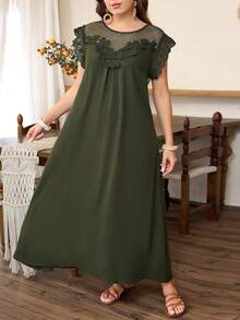 Lacomfia Đầm dáng rộng, tối giản, cổ tròn, tay cánh hoa, chất liệu ren, thích hợp cho mùa xuân/hè, cỡ lớn. - màu xanh lá - Xem 6