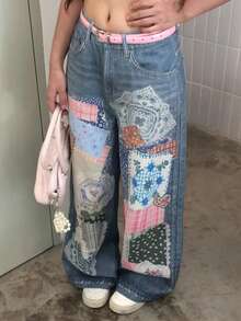 DAZY 女款拼接彩色韓式風格春夏百搭寬鬆水洗牛仔褲可愛上衣 - 藍色 - 查看 7