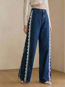 Anewsta Washed Blue Lace Trim Patchwork Straight Leg Jeans - Navy Blue - View 2