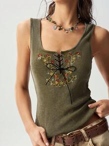 Bohemela Débardeur tricoté unicolore décontracté d'été pour femmes avec broderie vintage, plage/vacances/festival/quotidien, Juneteenth - Vert - Voir 3