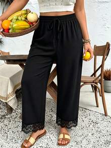 Ceyna Pantalones de talla grande con textura y ribete de encaje de unicolor - Negro - Ver 1