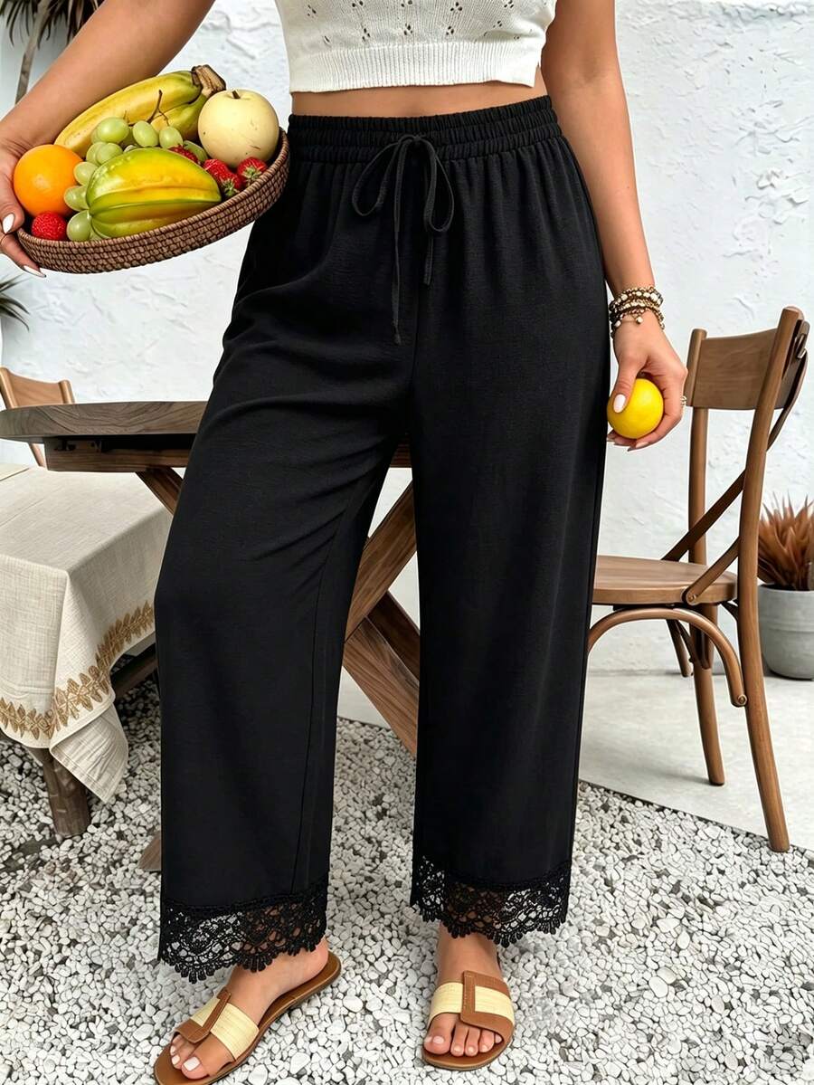 Ceyna Pantalones de talla grande con textura y ribete de encaje de unicolor - Negro - Ver 1