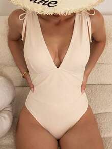 Swim Vcay 女款一件式抽繩深V領無鋼圈比基尼泳衣 - 米色 - 查看 5