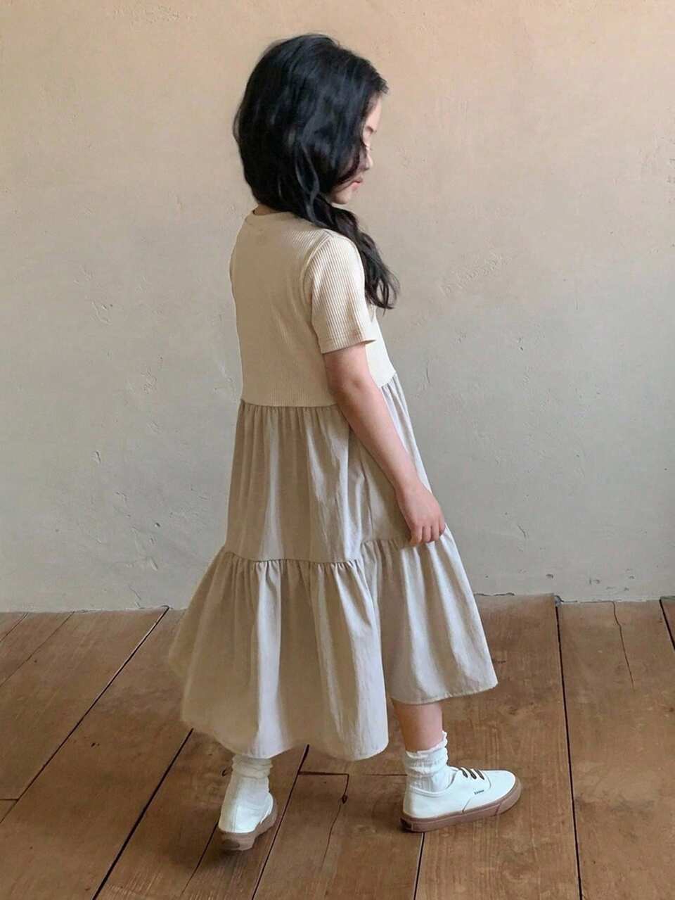 Young Girls' Round Neck Casual Print Fresh Cute Color Block Dress Summer