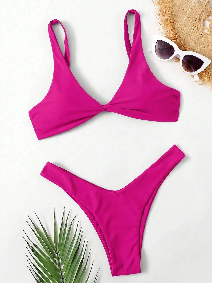 Swim Basics 女款夏季海灘素色V領後背蝴蝶結肩帶比基尼兩件套 - 玫紅色 - 查看 1
