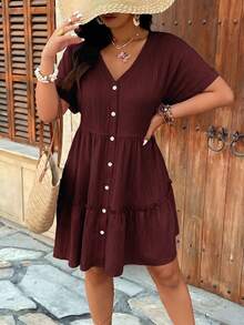 EMERY ROSE Plus Size V-Neck Textured Fabric Cap Sleeve Open Front A-Line Ruffle Multi-Layer Hem Casual Outing Vacation Commute Party Dress - Burgundy - View 7