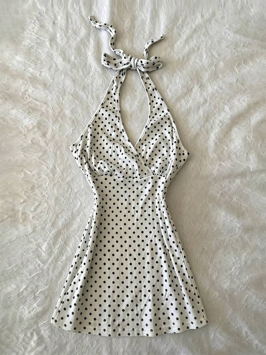 IslaSuriya Women's Vacation Casual Halter Neck Tie-Up Overlap V-Neck Polka Dot Dress - Multicolor - View 1