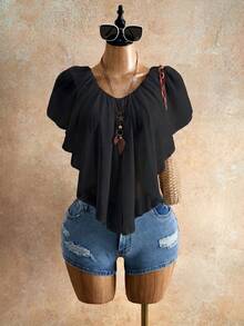 Mistrie Women's Summer Ruffled V-Neck Cropped Top Short Flared Sleeve Bohemian Classy Elegant Tie Chiffon Shirt Minimalist Solid Color Beach Vacation - Black - View 3
