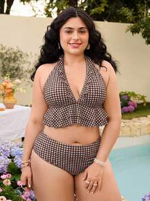 Swim Mod Conjunto de traje de baño a cuadros para vacaciones en la playa talla grande - Multicolor - Ver 4