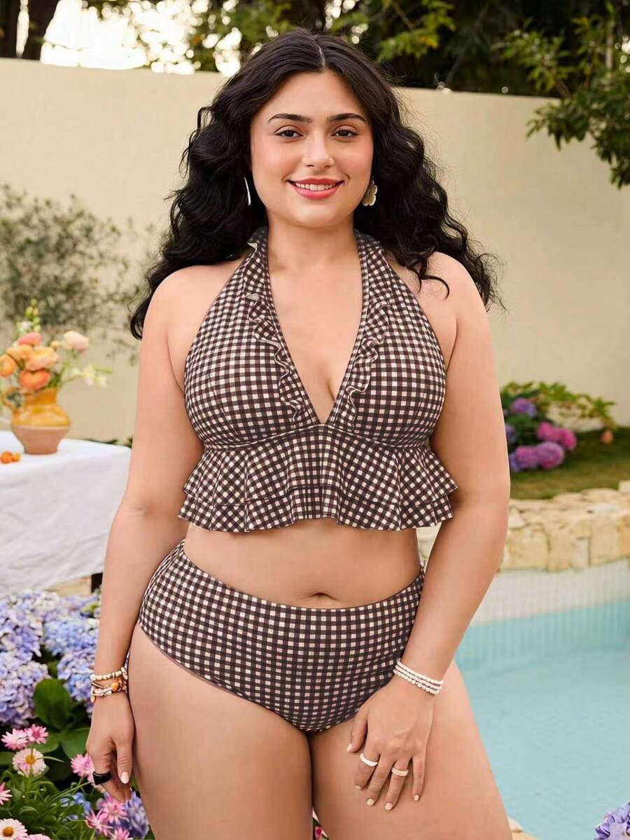 SHEIN Swim Plus Size Vacation Beach Vacation Plaid Swimwear Set Summer - Multicolor - View 1