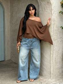 Rustia Plus Size Women's Solid Color Spring/Summer Asymmetric Shoulder Cape Style T-Shirt - Coffee Brown - View 3