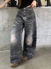 DAZY Jeans rectos holgados casuales de calle con diseño de estampado de cinturón para mujer - Gris - Ver 5