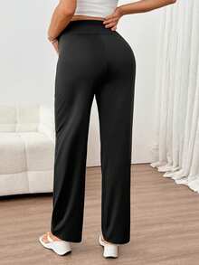 SHEIN Legging Santai Hamil Warna Polos dengan Pinggang yang Dapat Diatur - Hitam - View 2