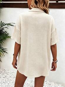 EMERY ROSE Women's Solid Color Lapel Shirt And Shorts 2 Pieces Set - Beige - View 2