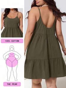 Solflare Army Green Plus Size Women's Spring/Summer Ruffle Hem Camisole Dress - Army Green - View 1