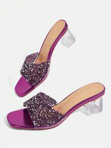 CUCCOO TILAWA Transparent Asymmetrical Chunky Heel Women's Glass Rhinestone Sandals - Purple - View 9