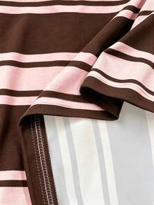 Resyla Casual Everyday Wear, Brown & Pink Striped Loose Women Round Neck Short Sleeve T-Shirt - Multicolor - View 4