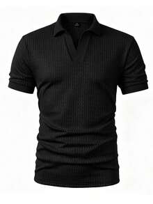 Manfinity Homme 男士素色短袖休閒通勤 Polo 衫 - 黑色 - 查看 3