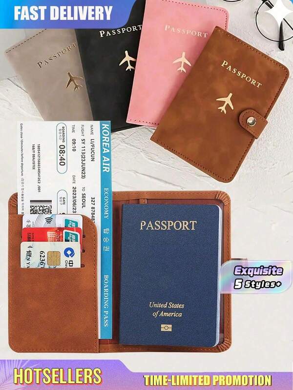 Portapasaporte de PU con múltiples ranuras - Cierre magnético, forro de cuero sintético, funda de pasaporte con patrón de avión, accesorio de viaje minimalista - Almacenamiento de documentos conveniente y esencial de viaje, equipo de vacaciones, suministros de viaje, billetera de viaje, portapasaporte, billetera de pasaporte, bolsa de vacaciones en la playa, verano, Navidad, vacaciones