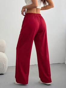 SHEIN Tall CURVE Pantalones de chándal holgados de unicolor con cordón en la cintura para tallas grandes - Rojo - Ver 2