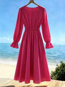 Rometta French Elegant Solid Color V-Neck Long Sleeve A-Line Dress - Hot Pink - View 4