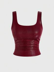 Sweetra Plus Size New Fashion Burgundy Crocodile Embossed Coated Stretch Street Style Sexy Party Nightclub Commute Daily Slim Fit Ruched Tank Top 2-Piece Set - Burgundy - View 3
