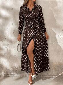SHEIN Clasi 女款圓點圖案長袖單排扣襯衫洋裝 - 棕色 - 查看 4