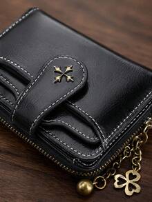 Muroi Mono 1Pc Zipper Coin Purse, Retro Oil-Wax Leather With Clover Chain Charm, Multi Card Slots, Lightweight Storage For Daily Errands. - Multicolor - View 3