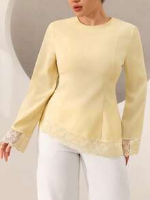 Graceveil Plus Size Women's Bell Sleeve Lace Patchwork Cinched Waist Asymmetrical Hem Blouse Fall - Yellow - View 8