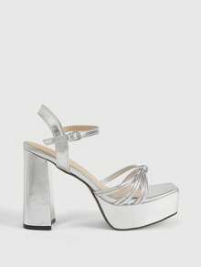 CUCCOO LuxiPop Women's High-Heeled Sandals Sexy Nightclub Style, Night Out Party, Summer Wear, Travel Essentials, Thick-Soled Thick Heels - Silver - View 2