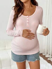 Slowluna Maternity Striped Colorblock Casual Versatile Daily Long Sleeve T-Shirt - Pink - View 2