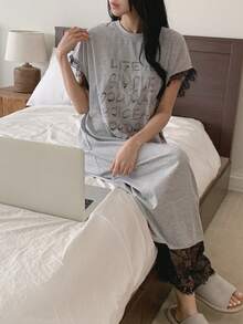 DAZY Lace Patchwork Loose Short Sleeve T-Shirt Dress, Long Casual Dress For Women Summer Pajamas - Light Grey - View 5