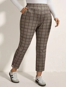 Comfylo 大码女式休闲/办公通勤复古格纹高腰侧袋修身裤，格纹休闲女裤，冬季女裤，棕色格纹裤，春季女裤，春假女裤 - 彩色 - 查看 3