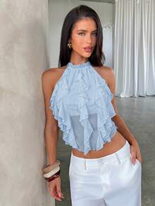 Aloruh Spring/Summer New Rave Tropical Backless Lace-Up Design Slit Baby Blue Elegant Multi-Layer Ruffle Decor Halter Neck Top, Tank Top - Baby Blue - View 6