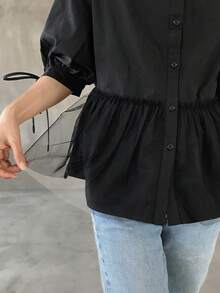 FRIFUL Women's Summer Solid Color Contrast Mesh Pleated Drawstring Tie Bow Loose Casual Versatile Blouse - Black - View 5