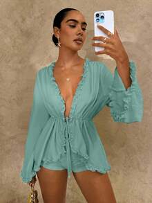 Glamine Women's Ruffle Cinched Waist Loose Top - Green - View 4