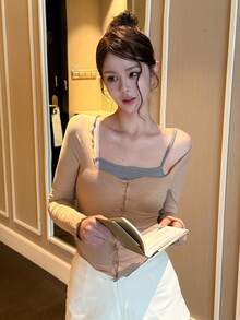 DAZY 素色修身 2 合 1 休閒度假夏季女款 T 恤 - 杏色 - 查看 4