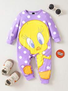 LOONEY TUNES X SHEIN 女婴可爱卡通波尔卡圆点和小鸟印花长袖连体裤，休闲甜美，适合所有季节 - 紫色 - 查看 1