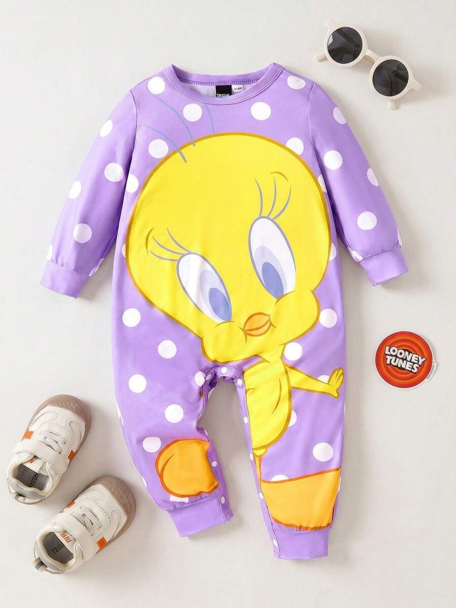 LOONEY TUNES X SHEIN 女婴可爱卡通波尔卡圆点和小鸟印花长袖连体裤,休闲甜美,适合所有季节 - 紫色 - 查看 1