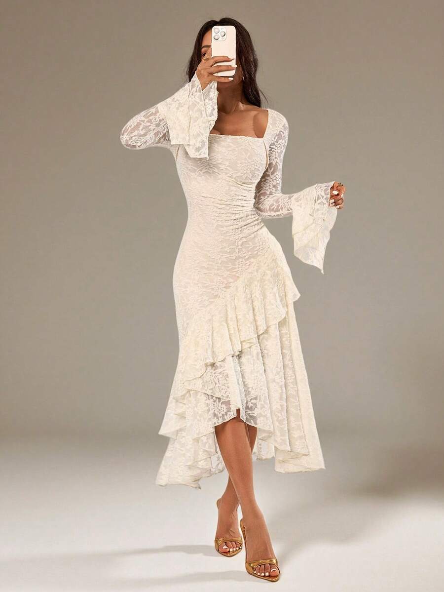 SHEIN PETITE Gaun Maxi Wanita Musim Semi/Panas Motif Bunga Aprikot Polos, Leher Persegi, Lengan Panjang, Hem Asimetris, dan Ruffle, Cocok untuk Pesta Koktail, Kencan Romantis, Pertemuan, Pernikahan, Gaun Pengiring Pengantin, Hari Valentine, Gaun Musim Panas Wanita, Gaun Pesta Teh, Gaun Brunch, Gaun Elegan, Gaun Motif Aprikot, Wanita Bertubuh Mungil - Aprikot - View 1