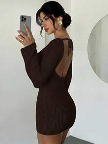 Firerie 女款春夏優雅性感極簡時尚辣妹海灘度假露背繫帶喇叭長袖針織透視白色迷你毛衣洋裝 - 棕色 - 查看 7