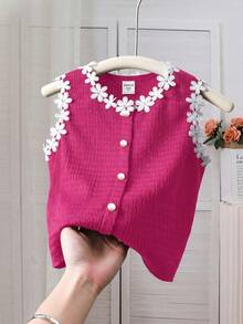 SHEIN Chaleco informal de niña con parches de unicolor, contraste de color y cinta floral tejida - Rosa Fucsia - Ver 2