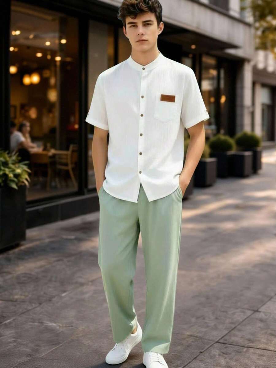 青少年男生休闲通勤装:白色条纹短袖衬衫(小翻领)+绿色休闲裤,适合日常穿着、户外活动、通勤、上学、短途旅行、度假、旅游、婚礼、舞会、毕业典礼等场合。 - 綠色 - 查看 1