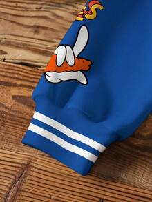 LOONEY TUNES X SHEIN 青少年男童休闲时尚街头可爱卡通兔子字母印花落肩宽松撞色条纹饰边抓绒卫衣，秋冬Y2K风格卫衣，儿童卫衣，男童Y2K服装 - 白色 - 查看 5